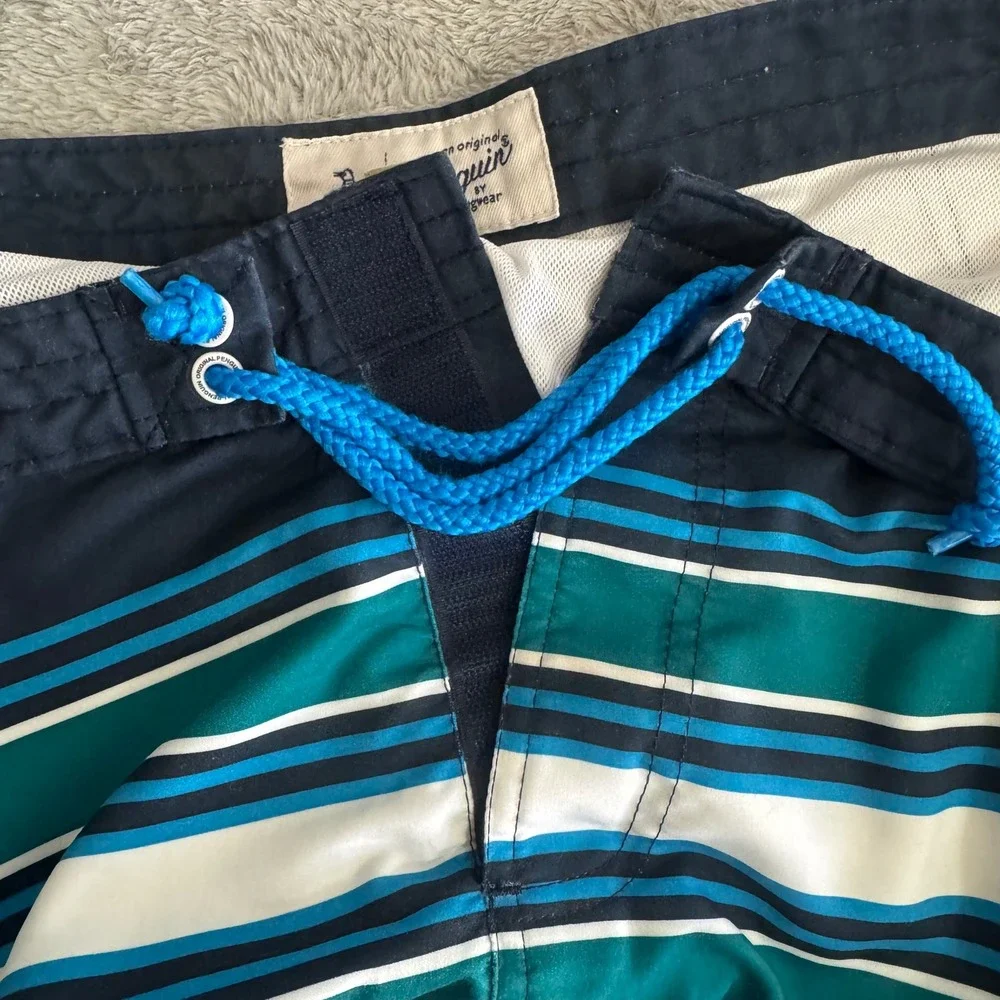 Original‎ Penguin Swim Trunks Mens 38 Navy Blue Striped Board Shorts OP4242